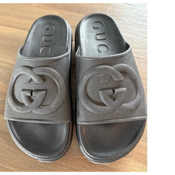 Gucci Interlocking GG Miami Black Rubber Platform Slides Size 37/US 7 - Picture 1 of 8